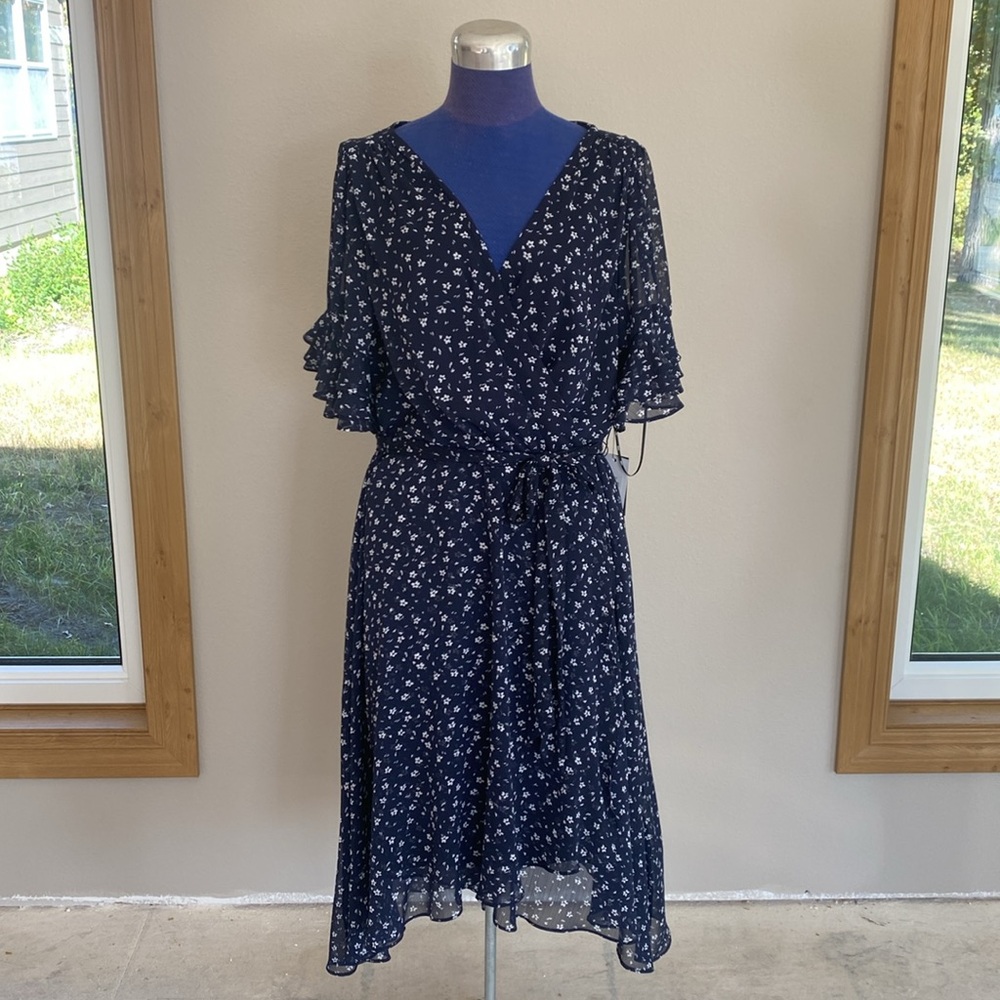 DKNY Womens Printed Ruffle-Sleeve Tie Waist Dress - Size 16 NWT
